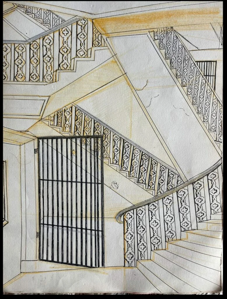 Dibujo a bolígrafo de la escalera interior del PK Sen Bhaban, Chittagong