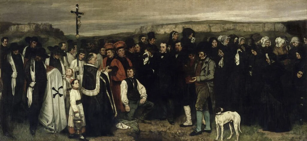 Un entierro en Ornans de Gustave Courbet, una monumental pintura realista que representa una reunión funeraria rural