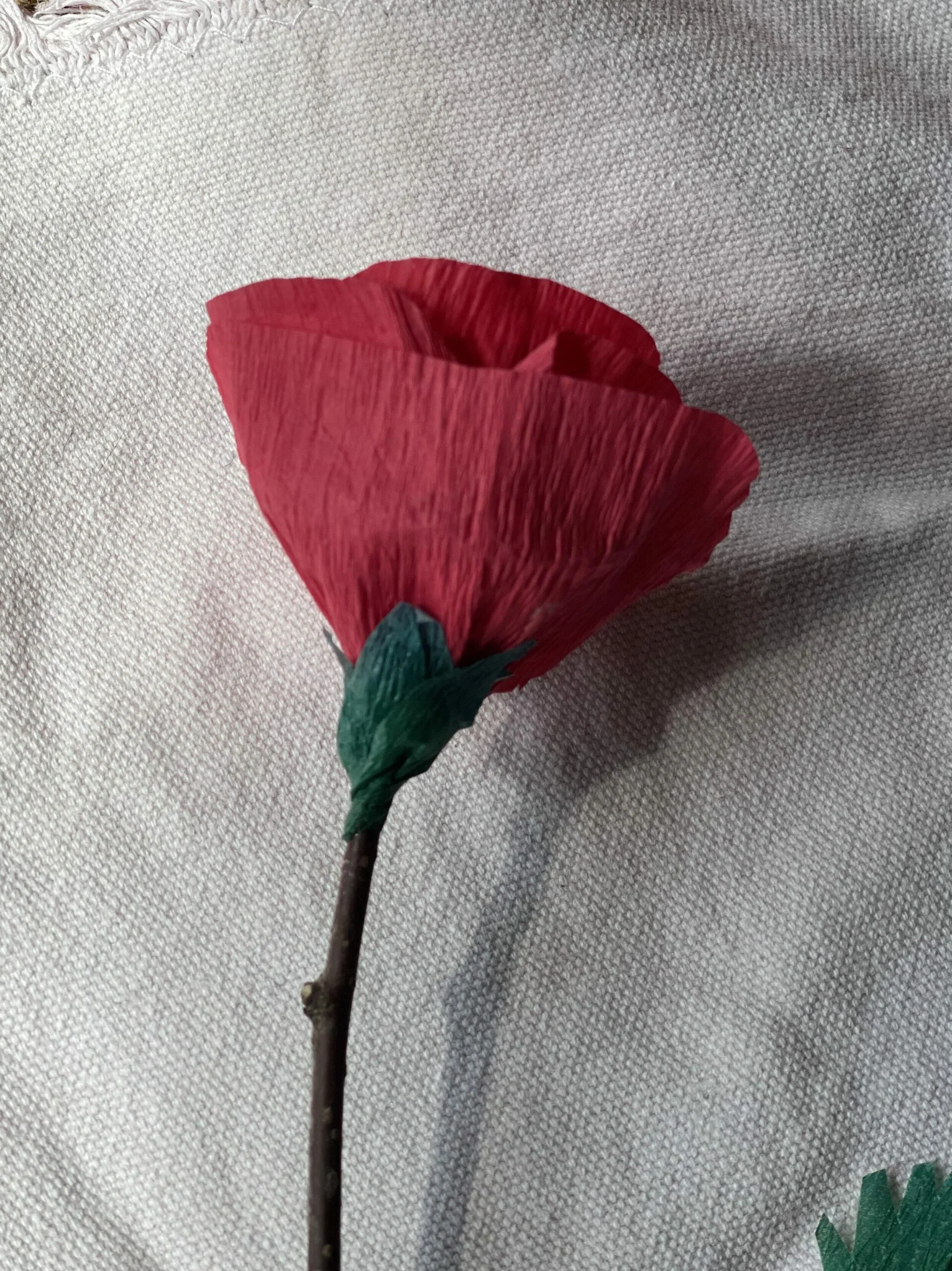 Ajustements finaux de la rose en papier crépon faite main avant la finition