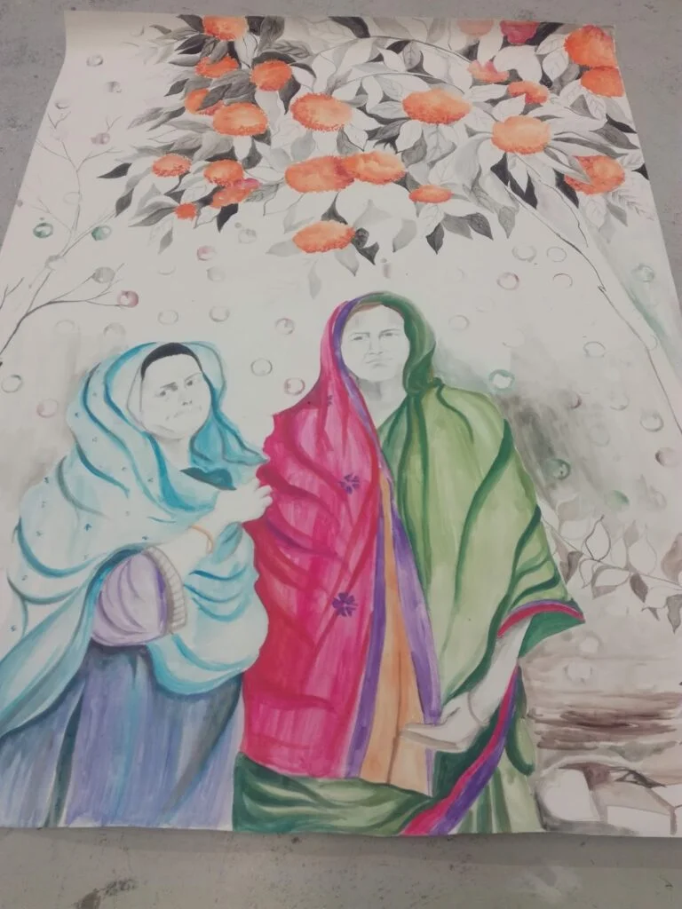 Grande aquarelle de 1,5x1 mètre sur papier réalisée en avril 2019, représentant une femme et des fleurs en mémoire de la grand-mère