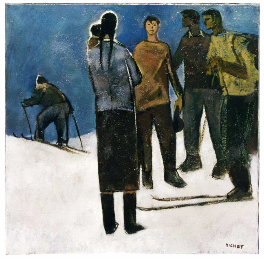 Pierre Bichet painting showing Jura winter landscape in his signature snowy style
