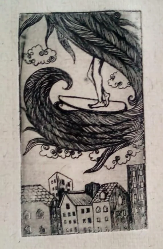 Etching plate and print side by side showing the relationship between plate and final impression
