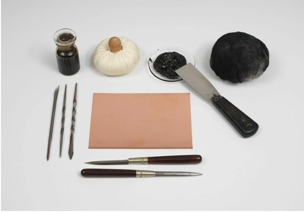 Overview of essential materials for etching: metal plates, etching grounds, needles, acids, inks, and paper