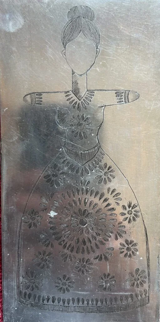 Vertical etching print showing intricate line work produced in Hanif Lehmann's studio