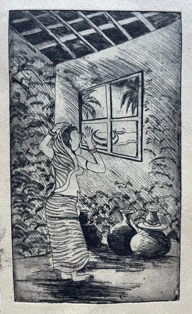 Etching print with detailed figurative composition created during Erasmus at Dresden