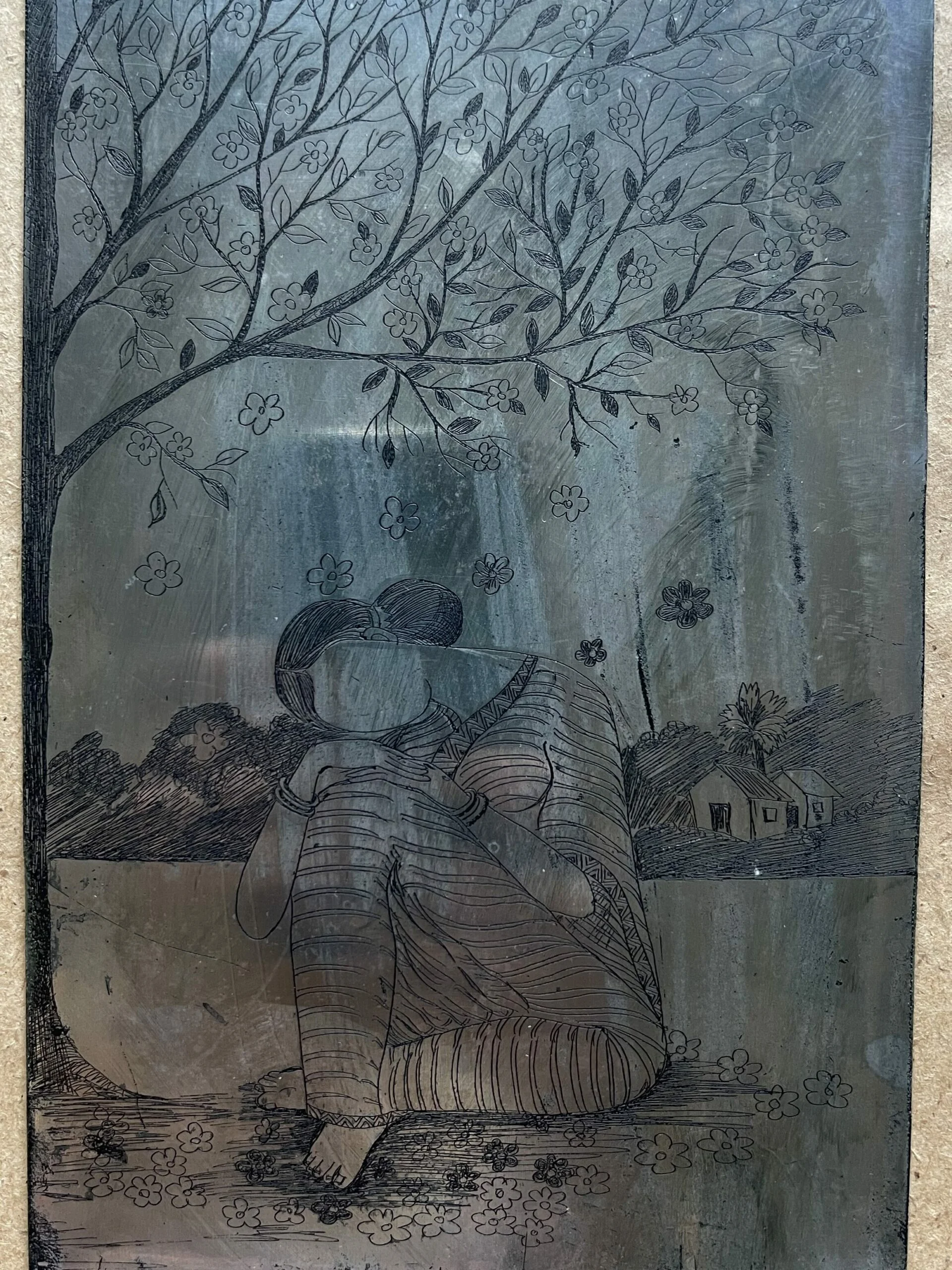 Tanjim Chowdhury's first etching plate worked on during her Erasmus in Dresden