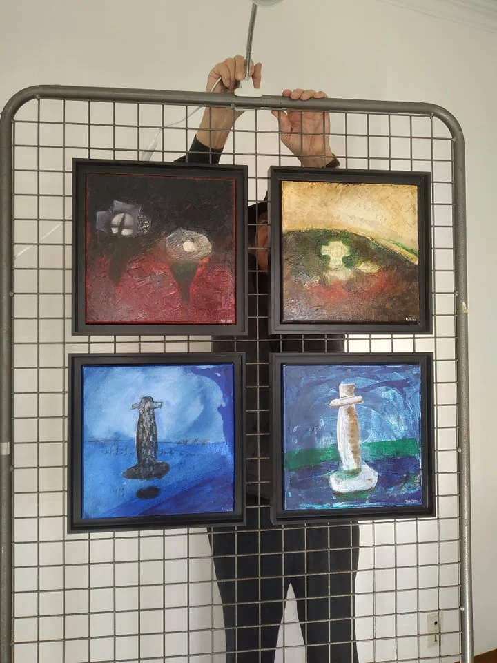 Canvas painting inspired by Brittany's Celtic crosses and heritage for the Regards Croisés show